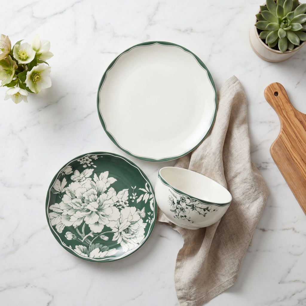 12-Piece Porcelain Dinnerware Set for 4, White & Sage Green Plates and Bowls Set C492