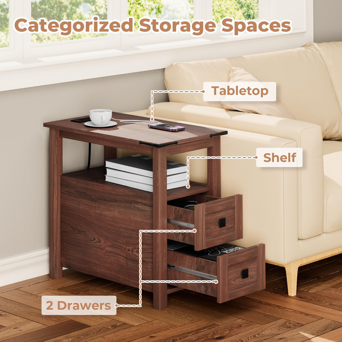 Cherry Wood End Table with Charging Station and 2 Storage Drawers P1106
