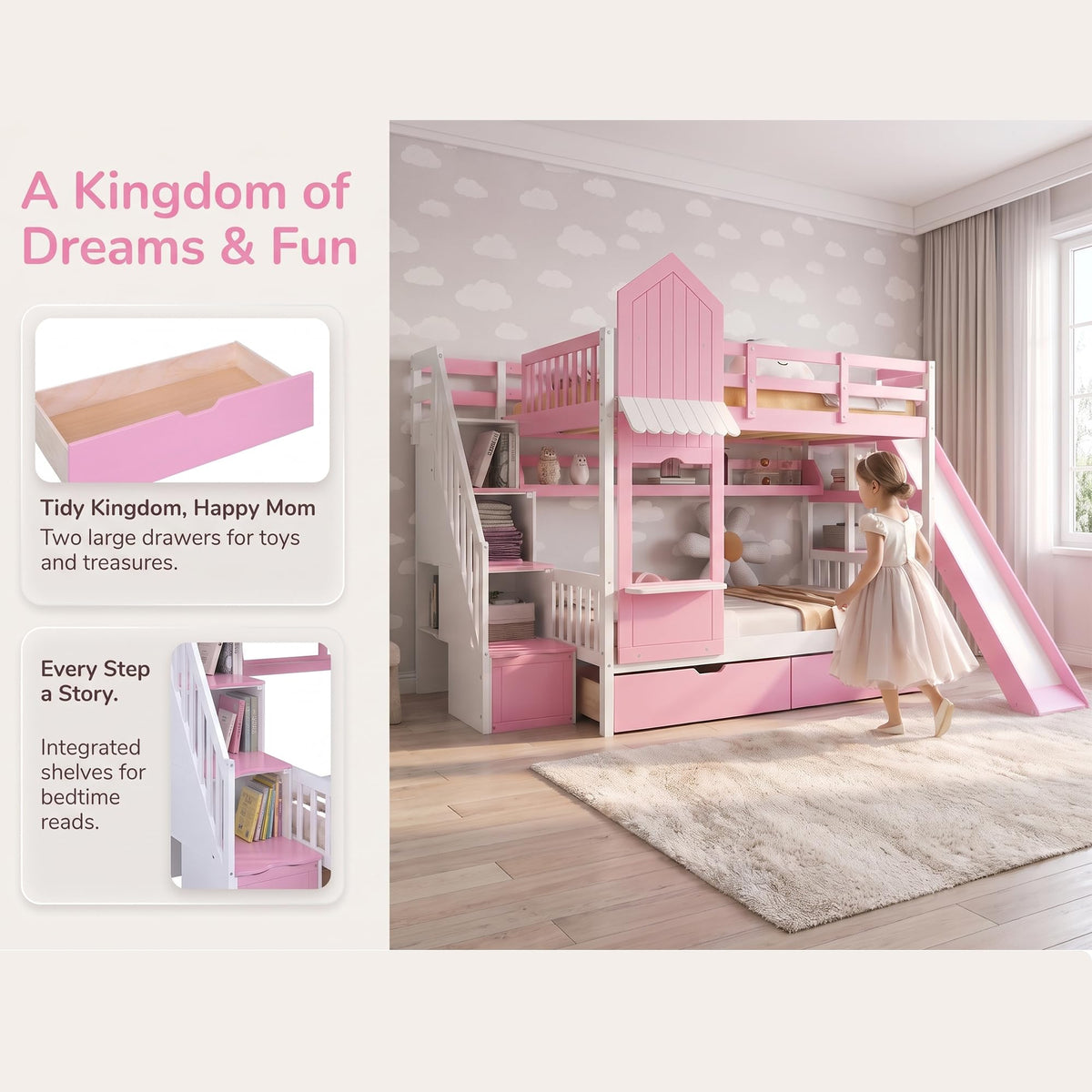 Twin Over Twin Bunk Bed with Slide, 2 Drawers & 3 Shelves K9568