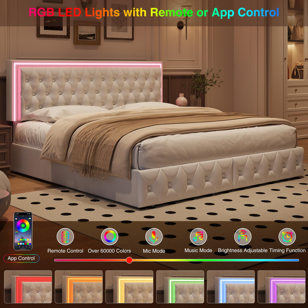 White Full Size LED Bed Frame with 4 Storage Drawers and Adjustable Headboard O505506