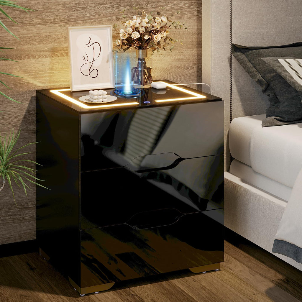 LED Nightstand with Wireless Charging Station 3 Drawers I94893