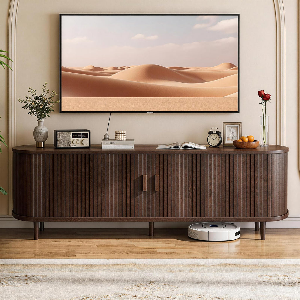 65" Walnut Wood TV Stand with Power Outlet and Sliding Doors U233880