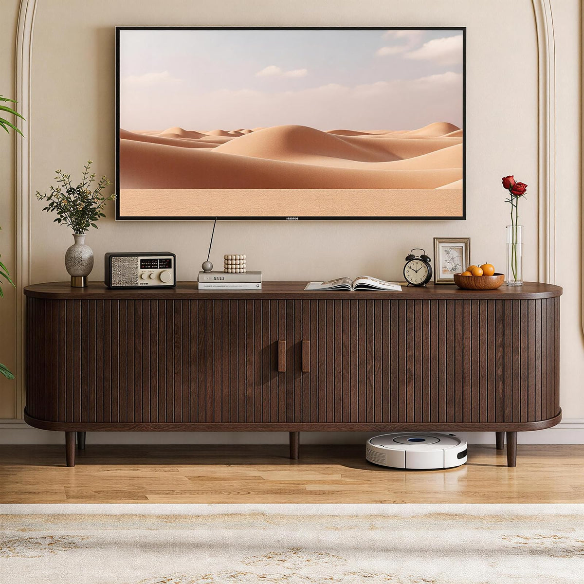 65" Walnut Wood TV Stand with Power Outlet and Sliding Doors U233880
