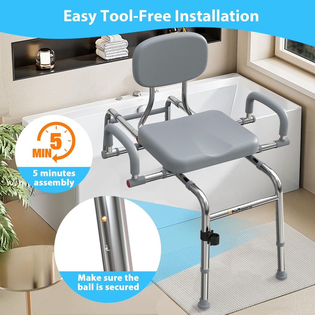 Sliding Shower Chair Tub Transfer Bench with Swivel Seat, 450lbs, Adjustable Height, Gray U583
