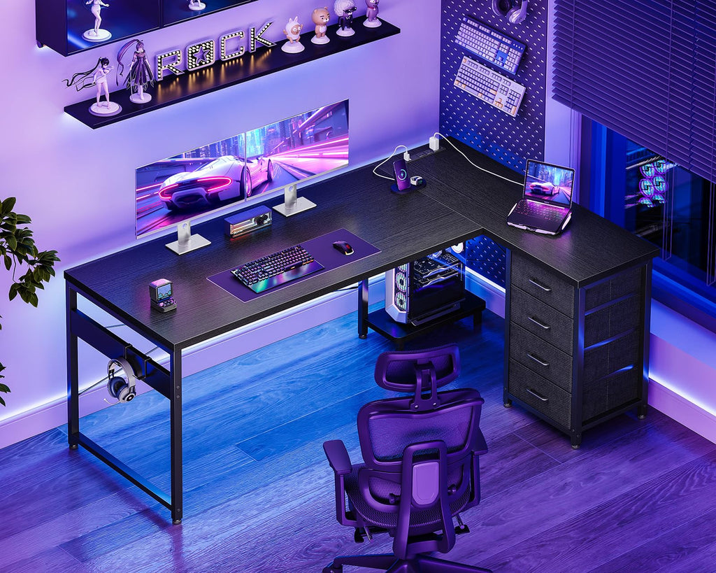 61" L Shaped Gaming Desk with 4 Drawers and Power Outlets, Black M211342