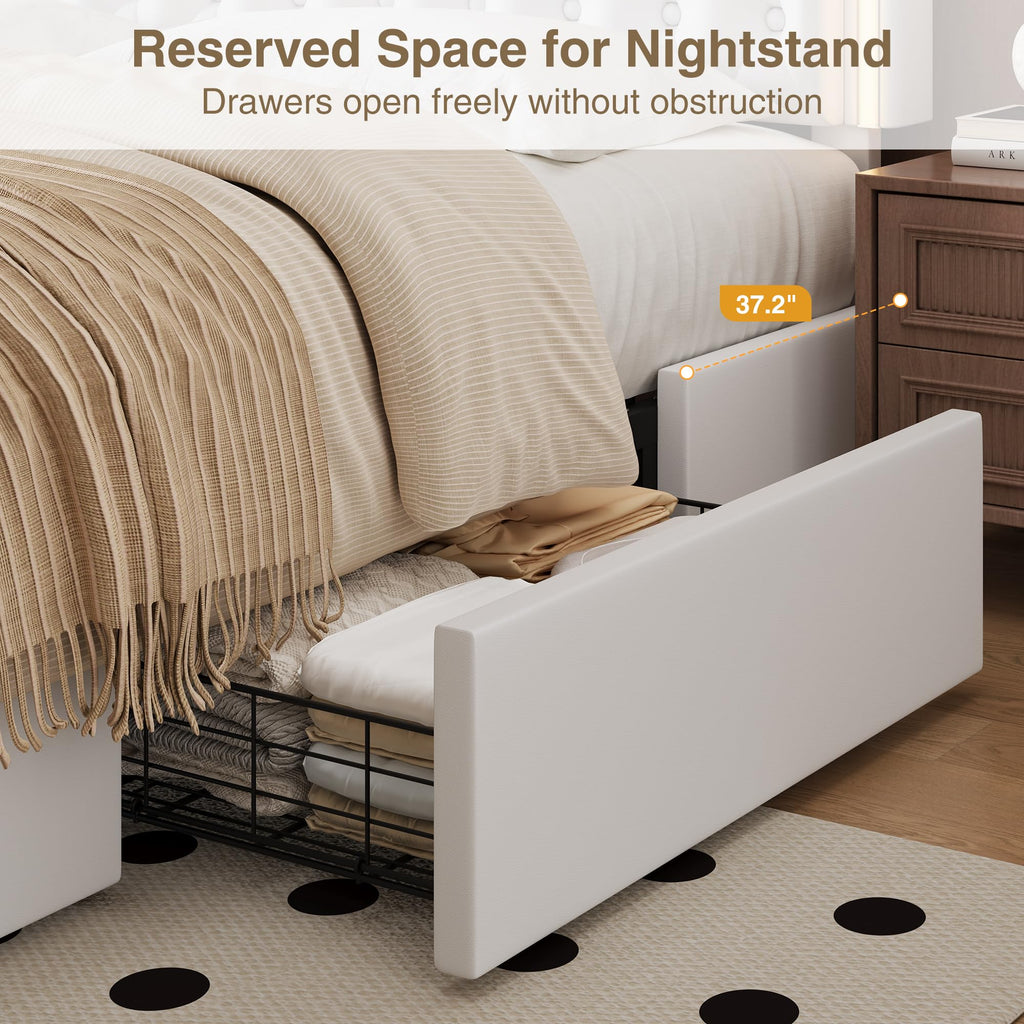 White Full Size LED Bed Frame with 4 Storage Drawers and Adjustable Headboard O505506