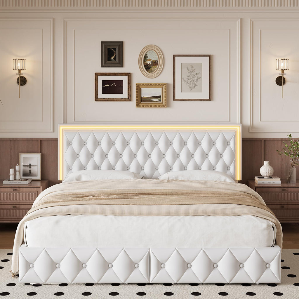 White Full Size LED Bed Frame with 4 Storage Drawers and Adjustable Headboard O505506