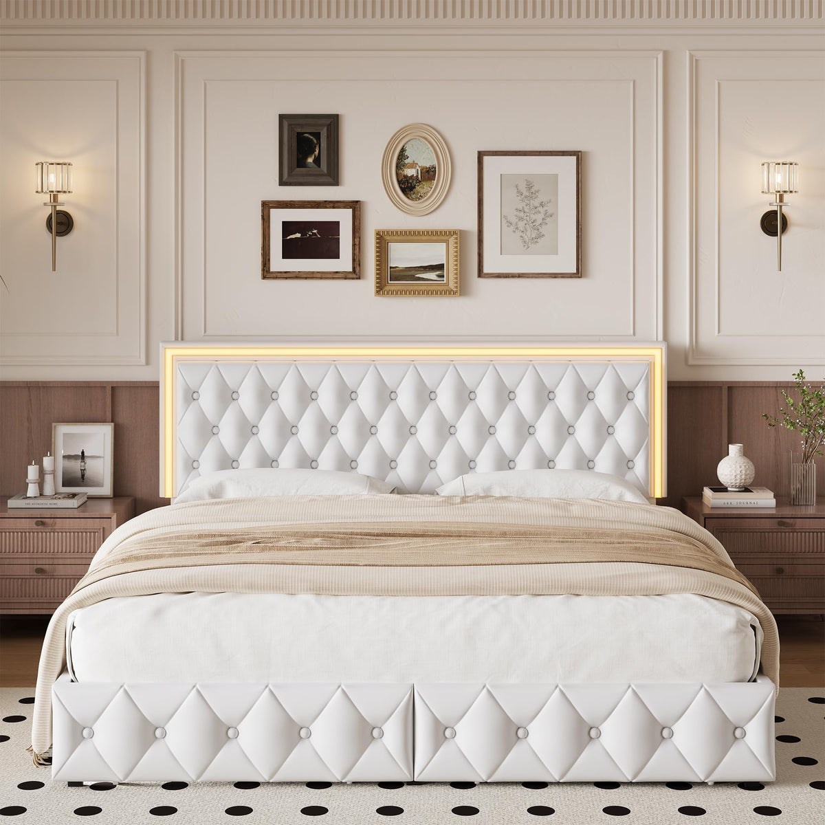 White Full Size LED Bed Frame with 4 Storage Drawers and Adjustable Headboard O505506