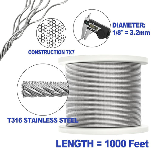 1/8" Stainless Steel Wire Rope Cable 7x7 Strands O2206