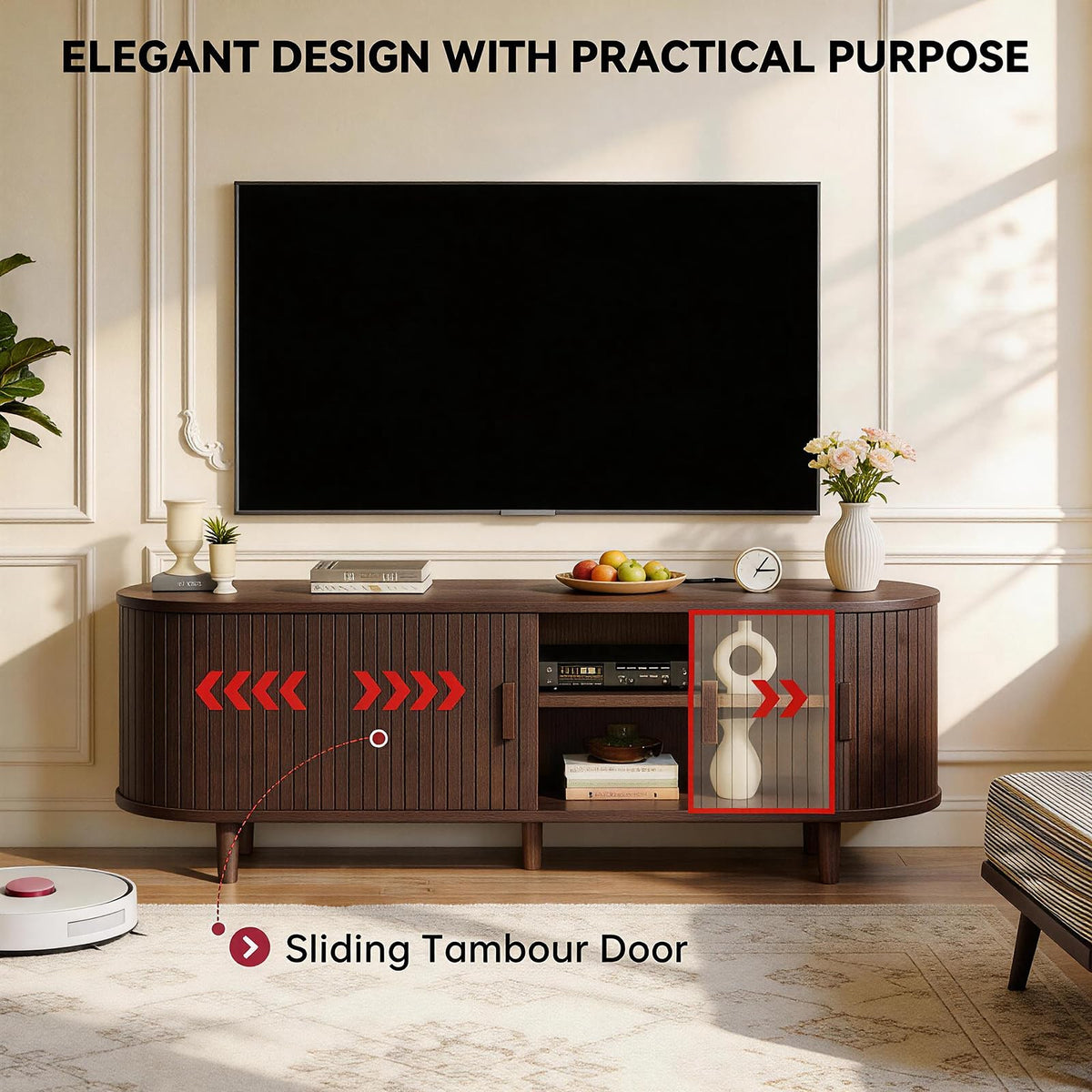 65" Walnut Wood TV Stand with Power Outlet and Sliding Doors U233880