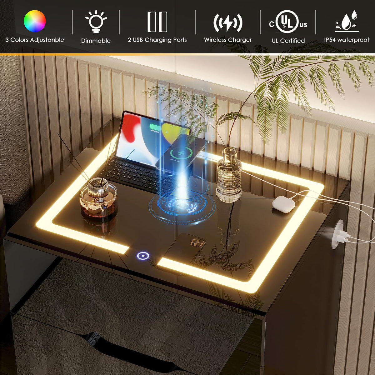 LED Nightstand with Wireless Charging Station 3 Drawers I94893