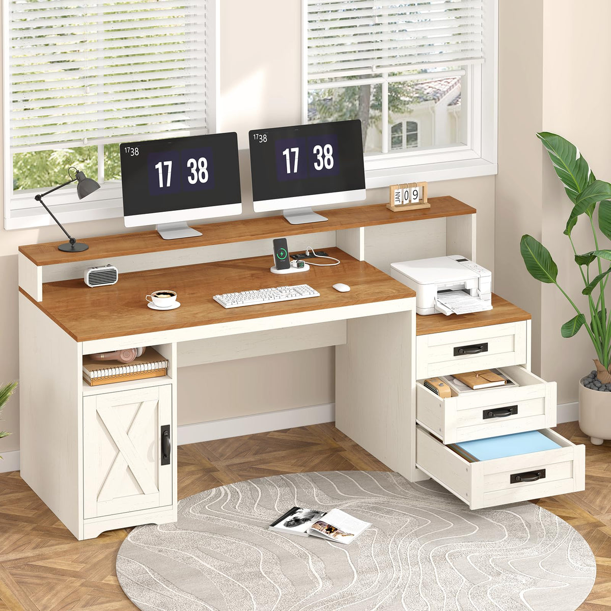65" Computer Desk with Drawers and Printer Stand Q98948