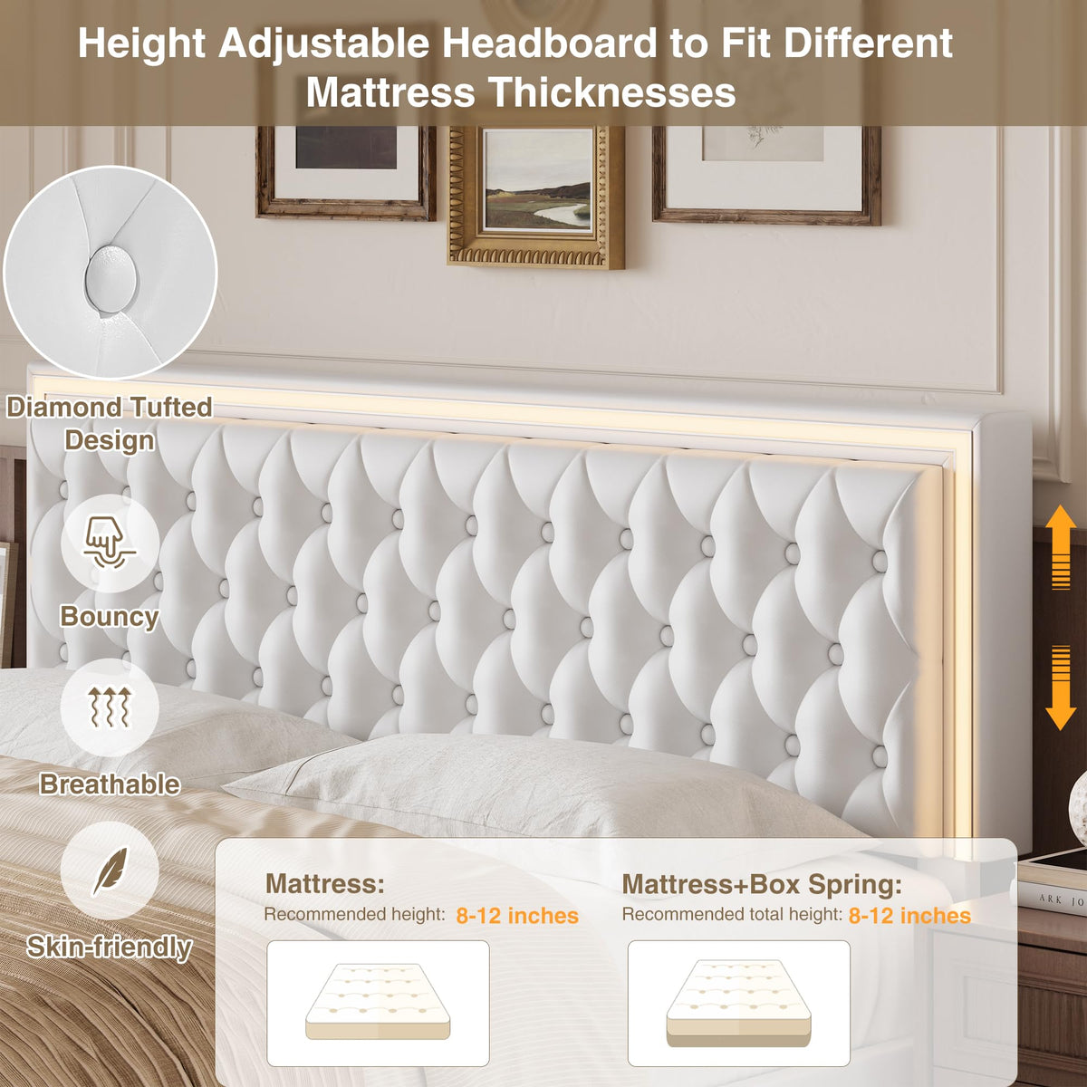 White Full Size LED Bed Frame with 4 Storage Drawers and Adjustable Headboard O505506