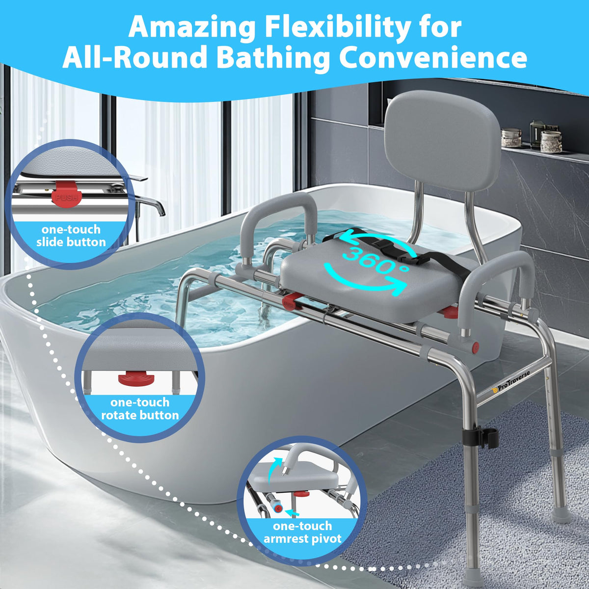 Sliding Shower Chair Tub Transfer Bench with Swivel Seat, 450lbs, Adjustable Height, Gray U583
