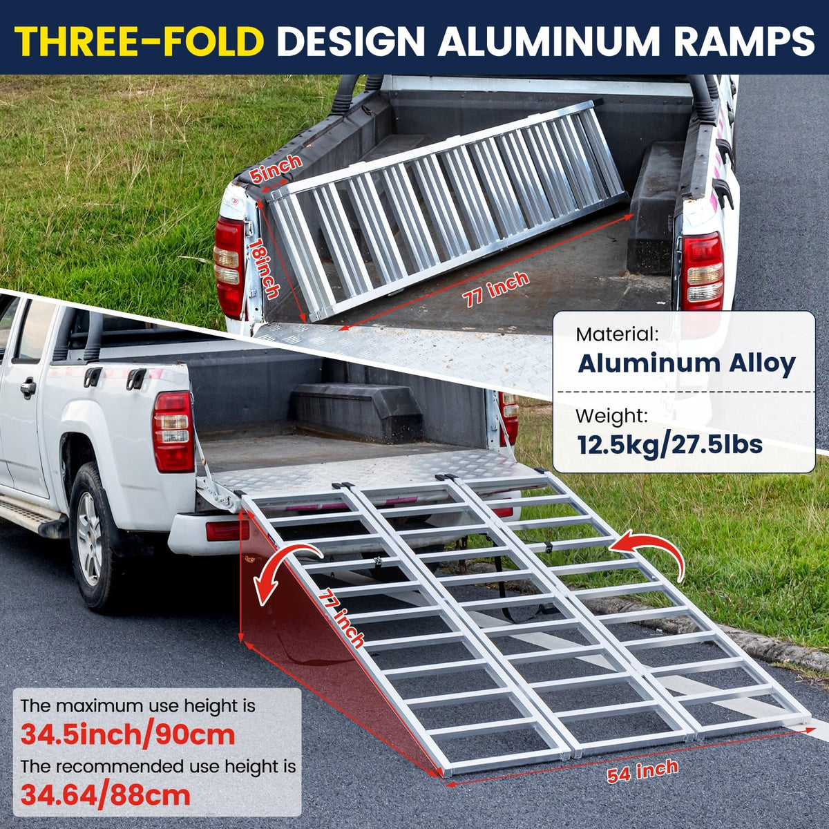 77" x 54" Tri-Fold Aluminum Loading Ramp, 1800 lbs Capacity W819