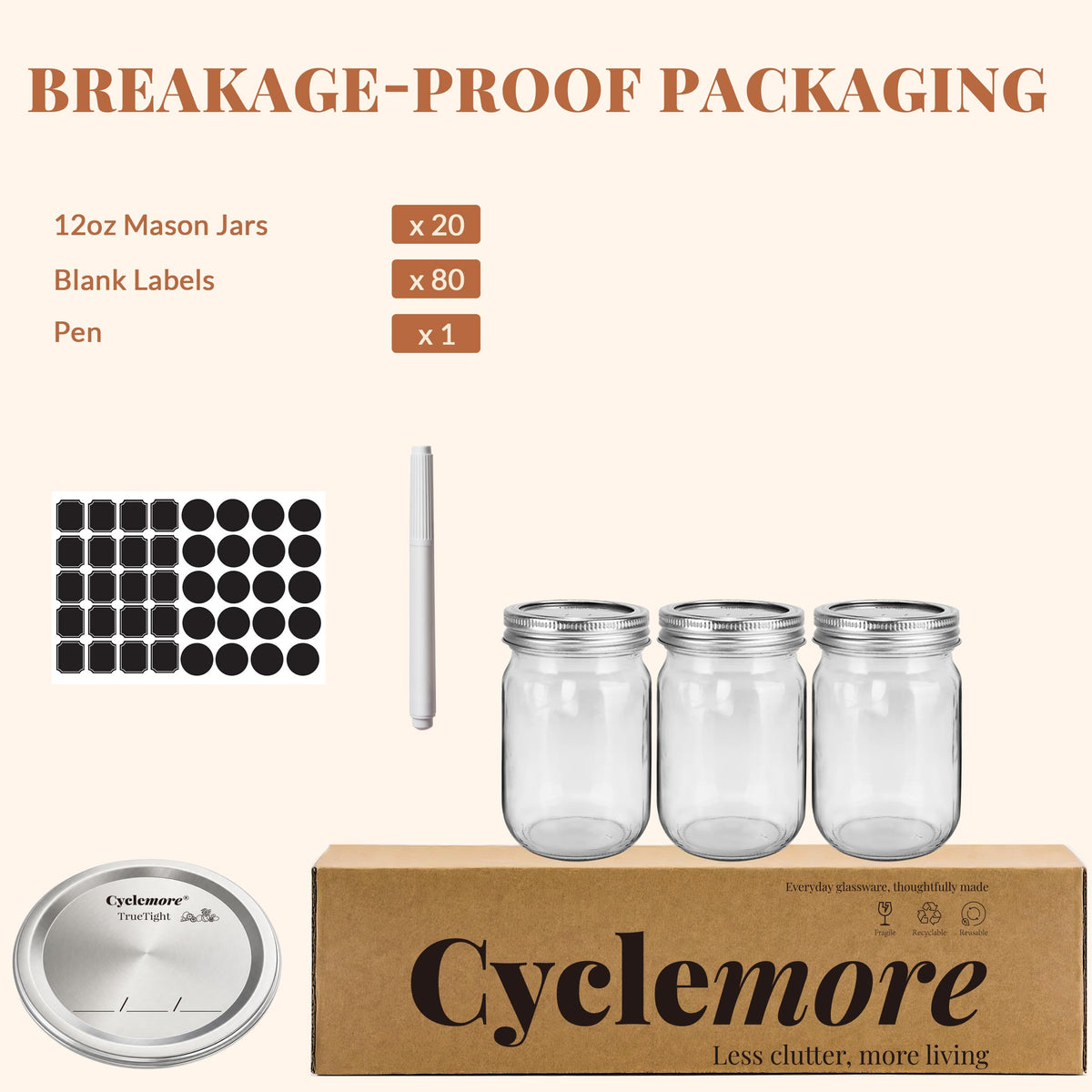 20 Pcs 12oz Glass Mason Jars With Lids X5786