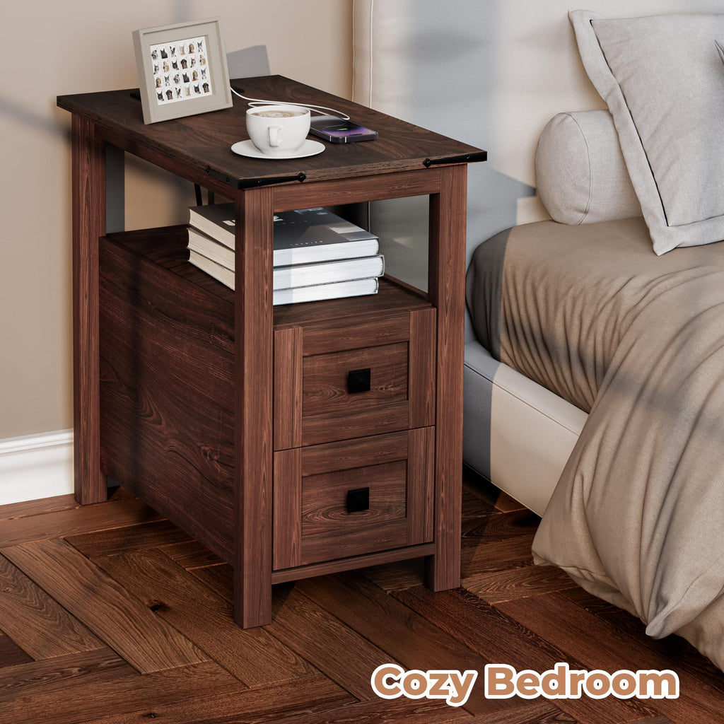 Cherry Wood End Table with Charging Station and 2 Storage Drawers P1106