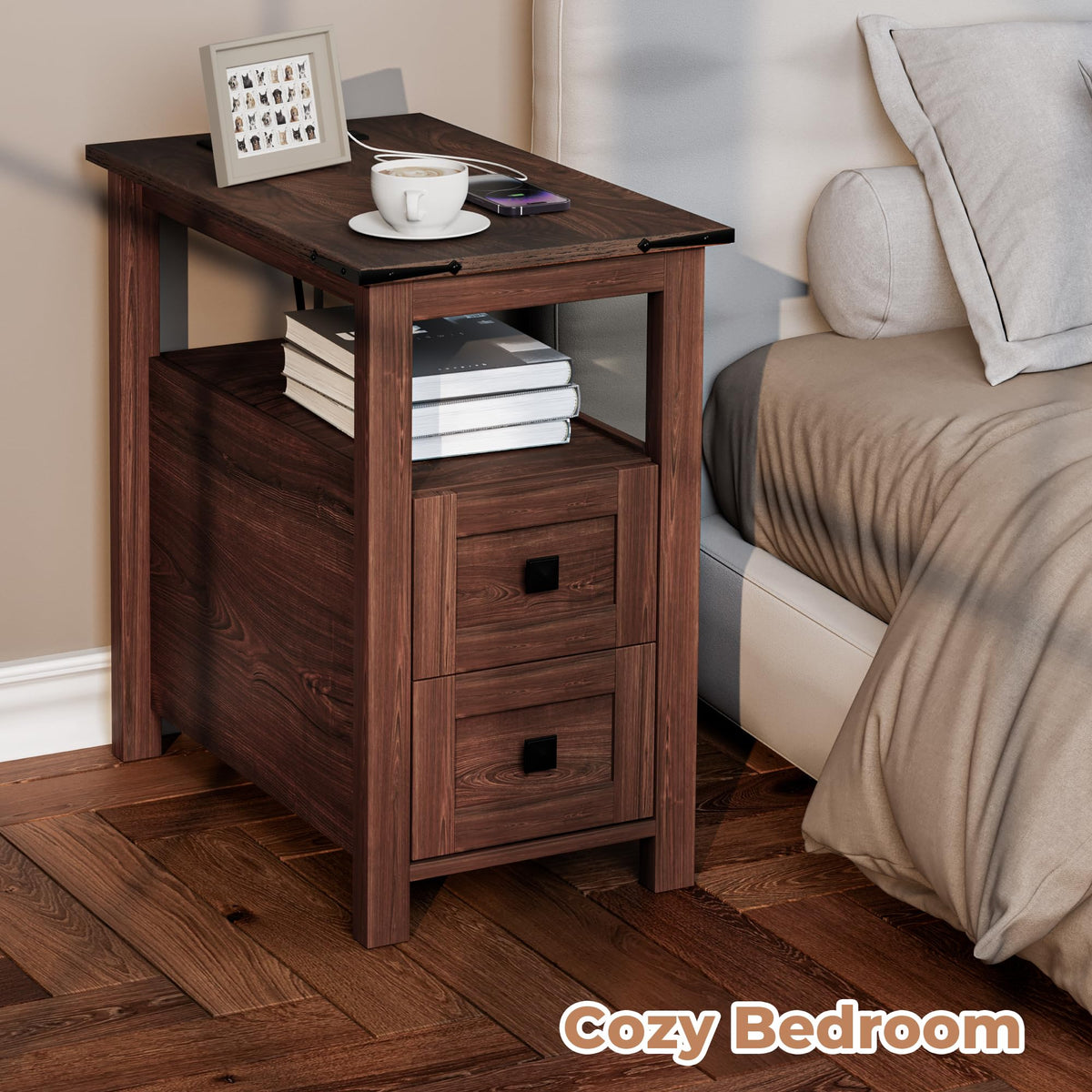 Cherry Wood End Table with Charging Station and 2 Storage Drawers P1106