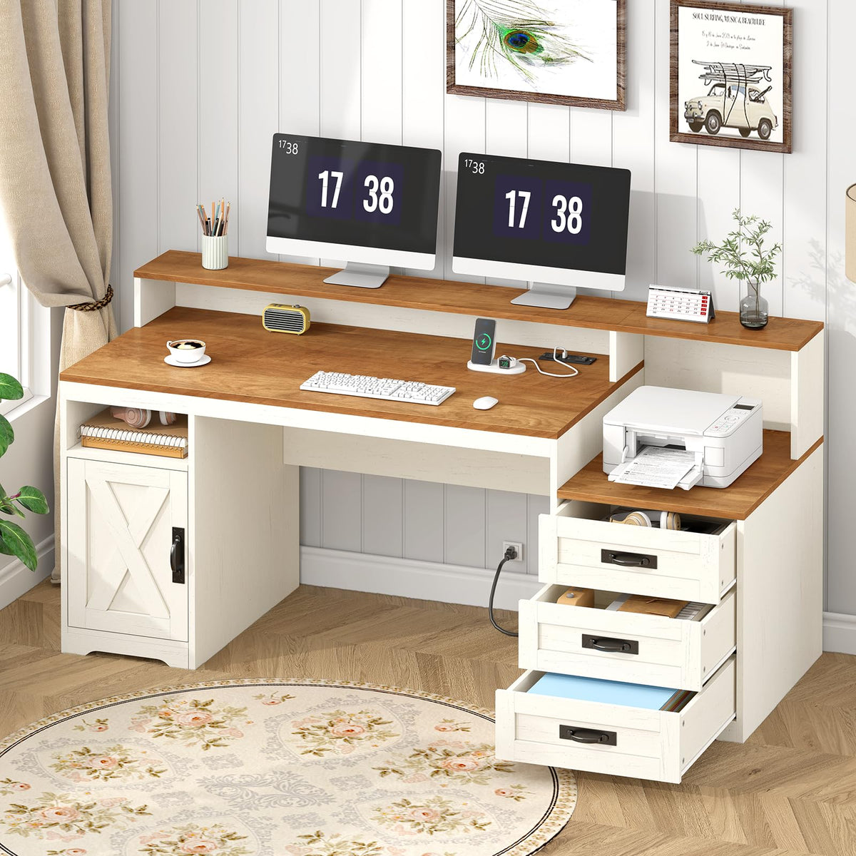 65" Computer Desk with Drawers and Printer Stand Q98948