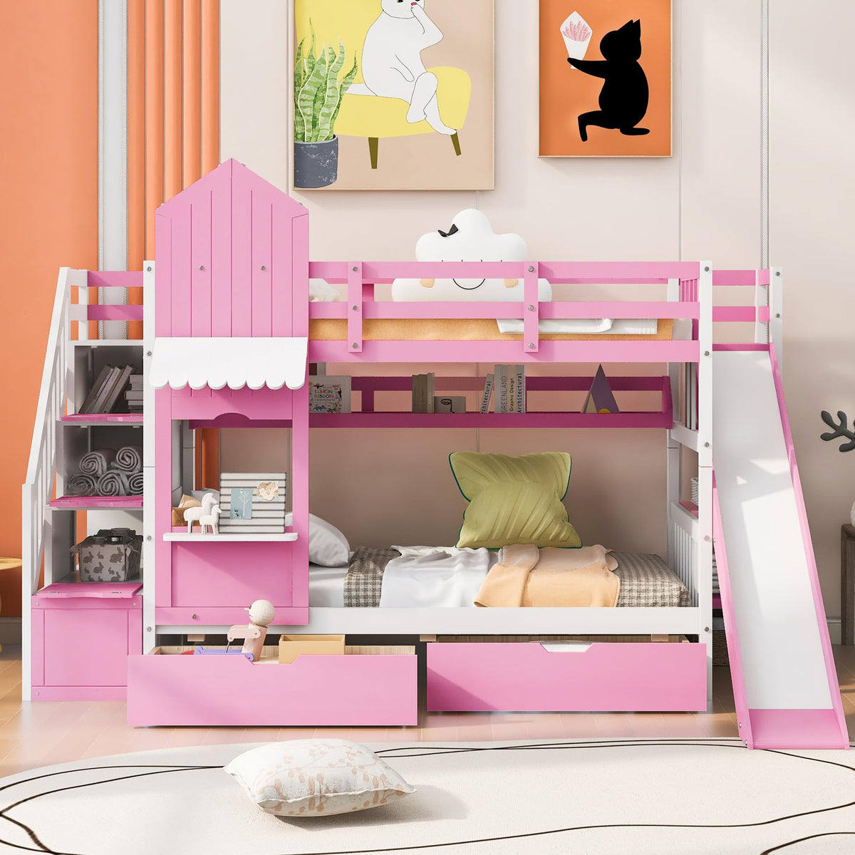 Twin Over Twin Bunk Bed with Slide, 2 Drawers & 3 Shelves K9568