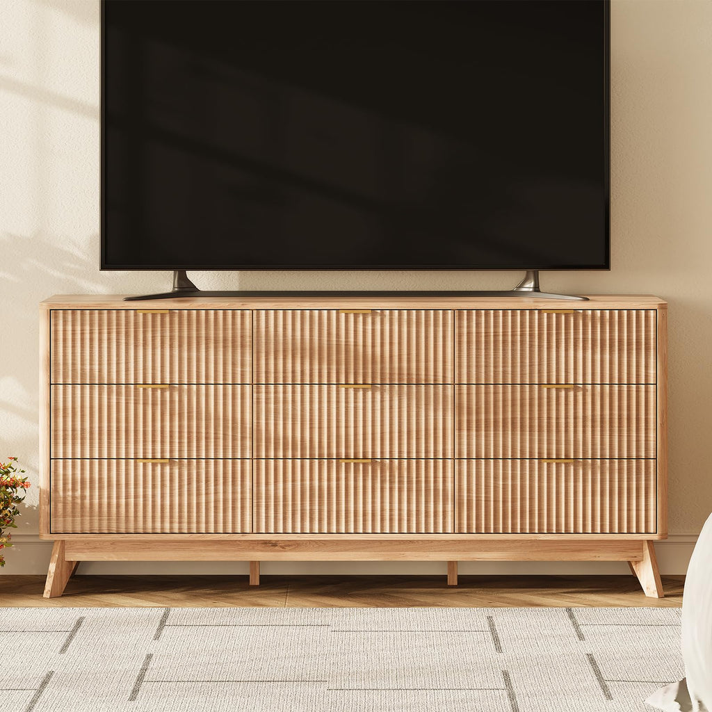 63" Wide Fluted 9 Drawers Oak Dresser S102