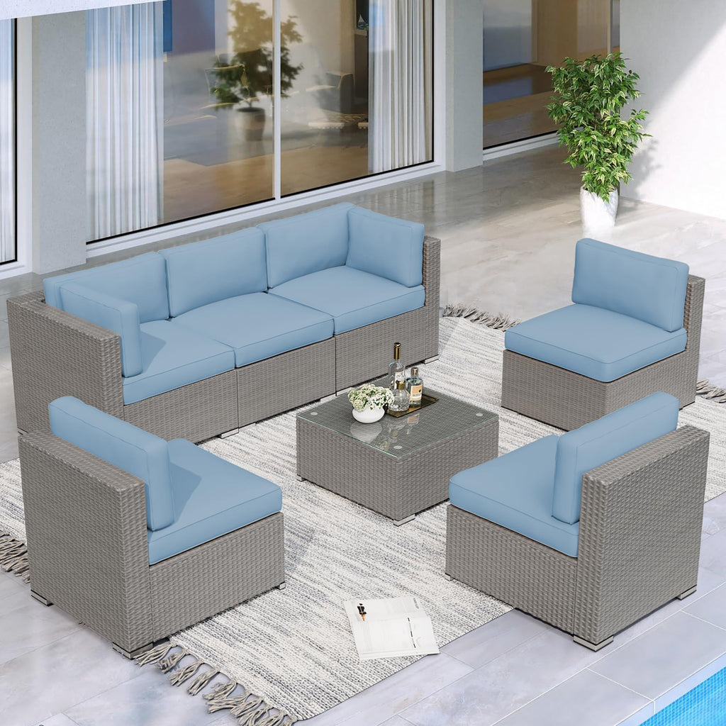 7 Piece Grey Wicker Rattan Patio Furniture Set with Glass Coffee Table N85144