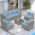 7 Piece Grey Wicker Rattan Patio Furniture Set with Glass Coffee Table N85144