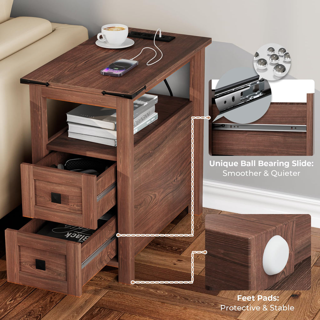 Cherry Wood End Table with Charging Station and 2 Storage Drawers P1106