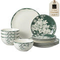 12-Piece Porcelain Dinnerware Set for 4, White & Sage Green Plates and Bowls Set C492
