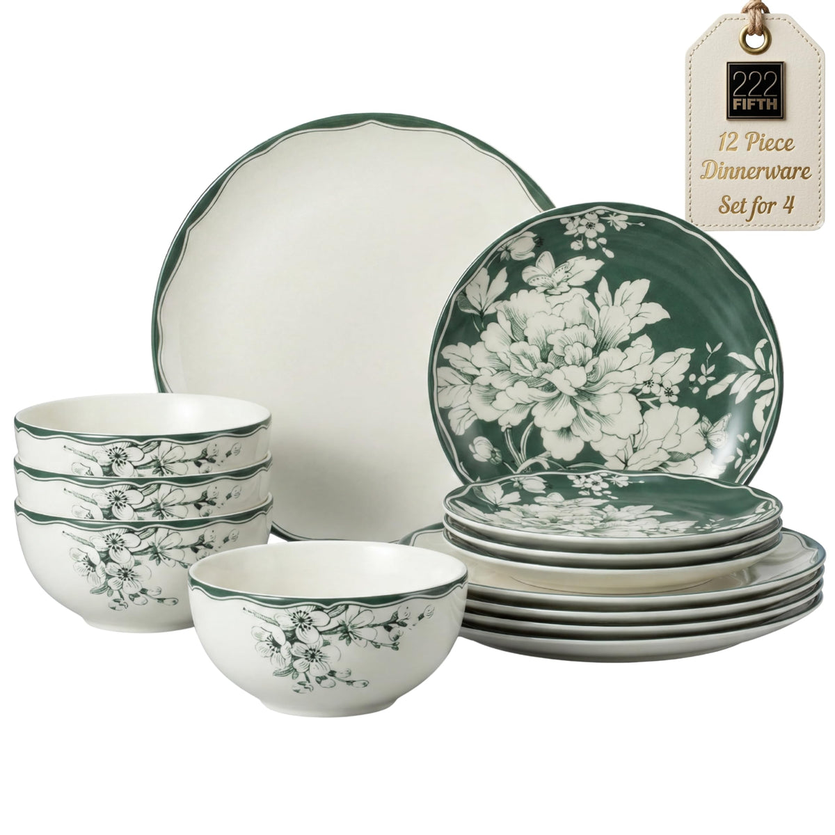 12-Piece Porcelain Dinnerware Set for 4, White & Sage Green Plates and Bowls Set C492
