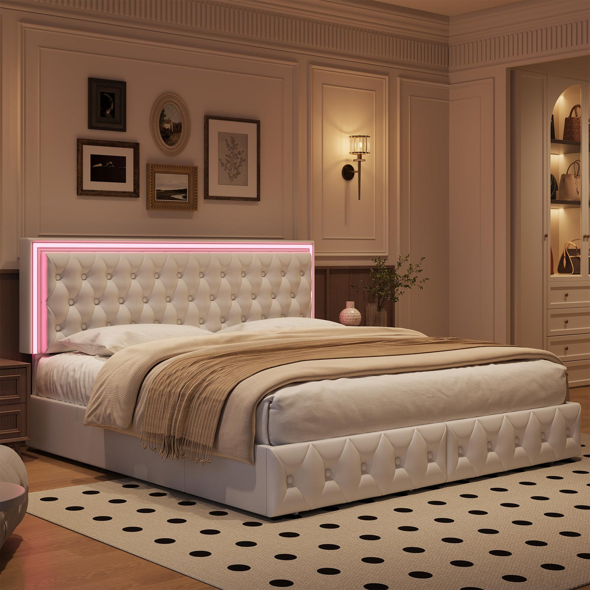 White Full Size LED Bed Frame with 4 Storage Drawers and Adjustable Headboard O505506
