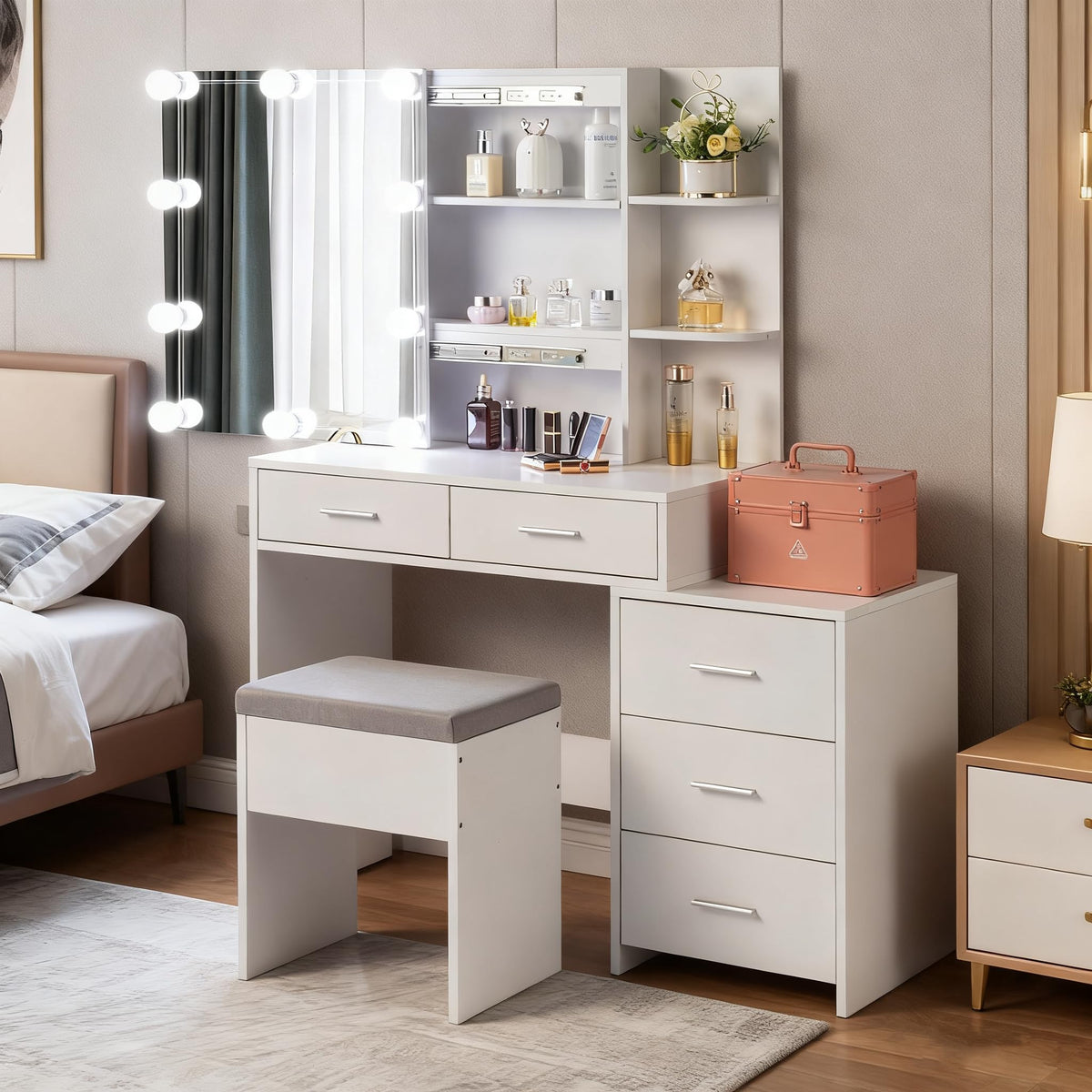 White Vanity Desk with Sliding Mirror R769974