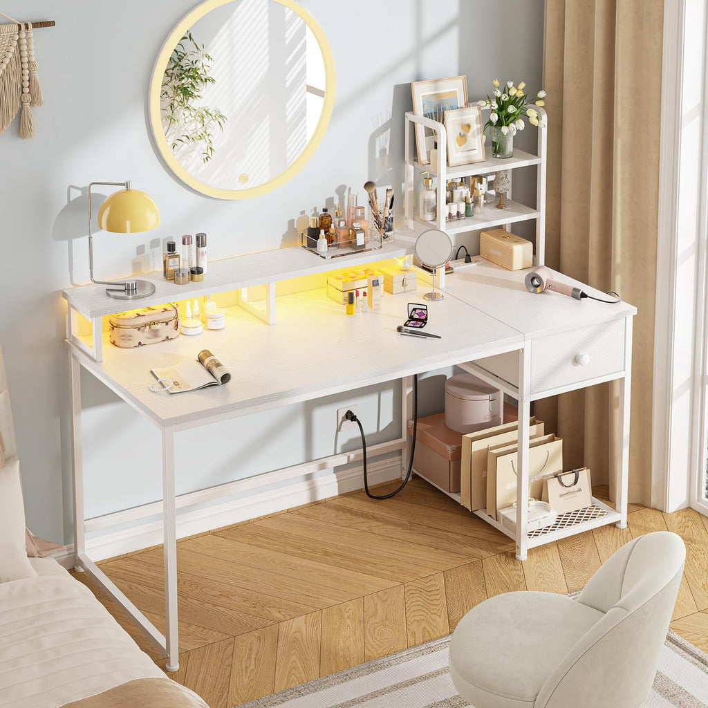 44" White Gaming Desk with Hutch & Shelves J164