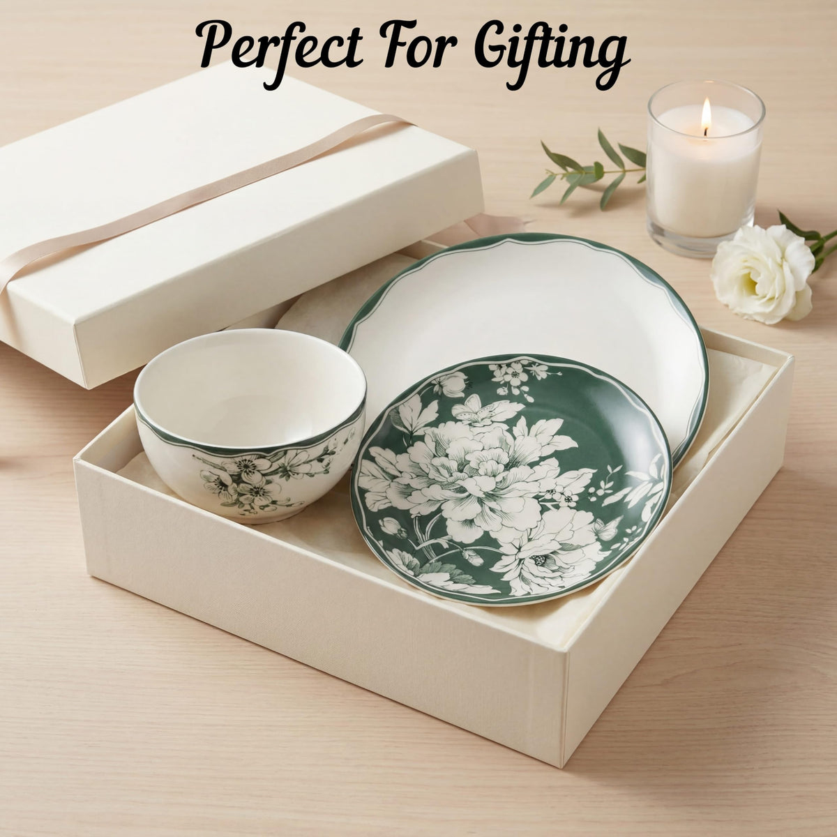 12-Piece Porcelain Dinnerware Set for 4, White & Sage Green Plates and Bowls Set C492