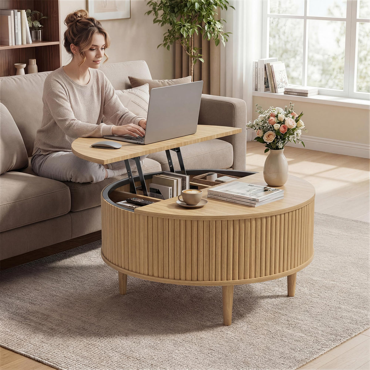 31.5" Round Lifting Top Coffee Table with Storage H188