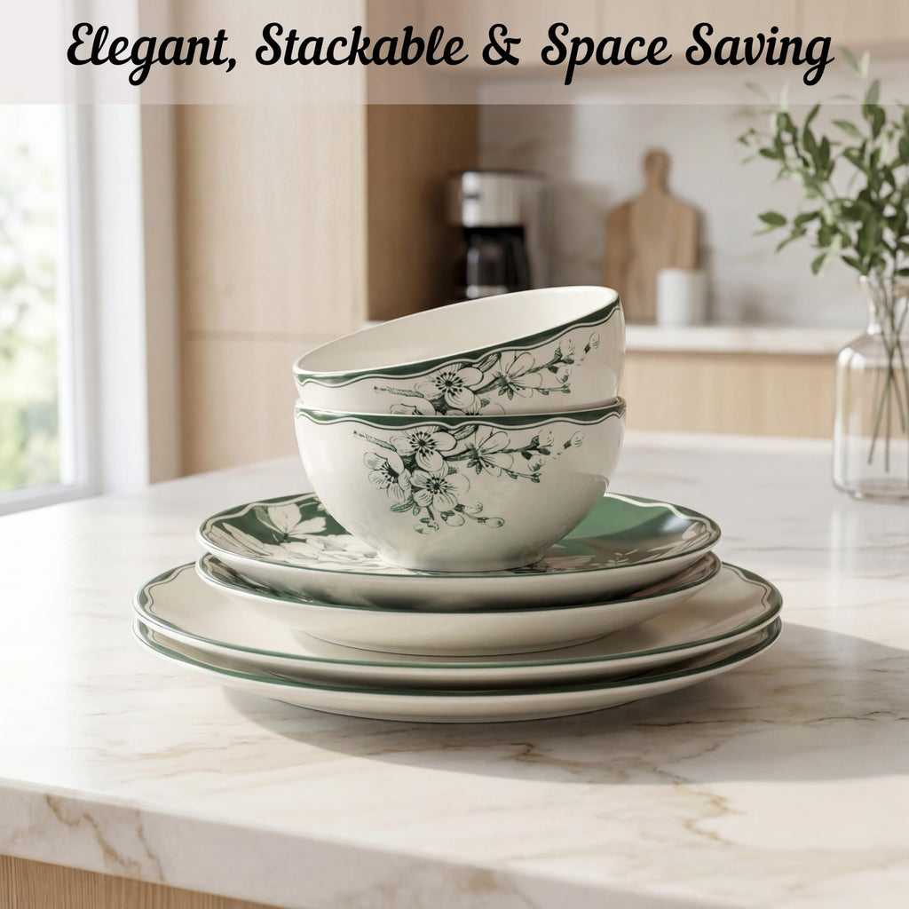 12-Piece Porcelain Dinnerware Set for 4, White & Sage Green Plates and Bowls Set C492