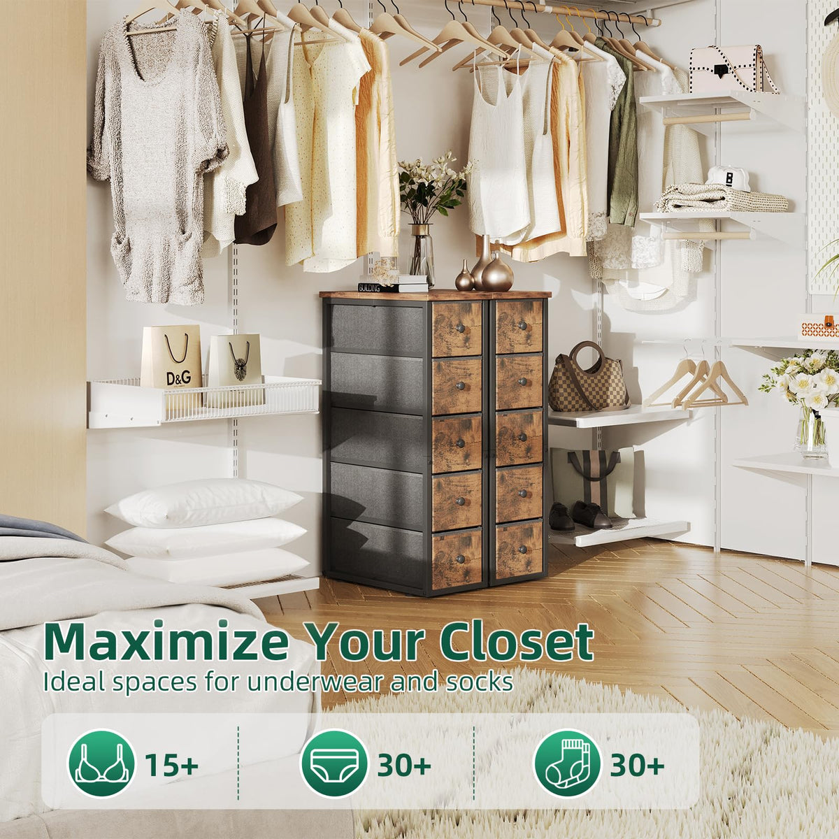 Narrow 5 Fabric Drawers Rustic Brown Dresser J21828