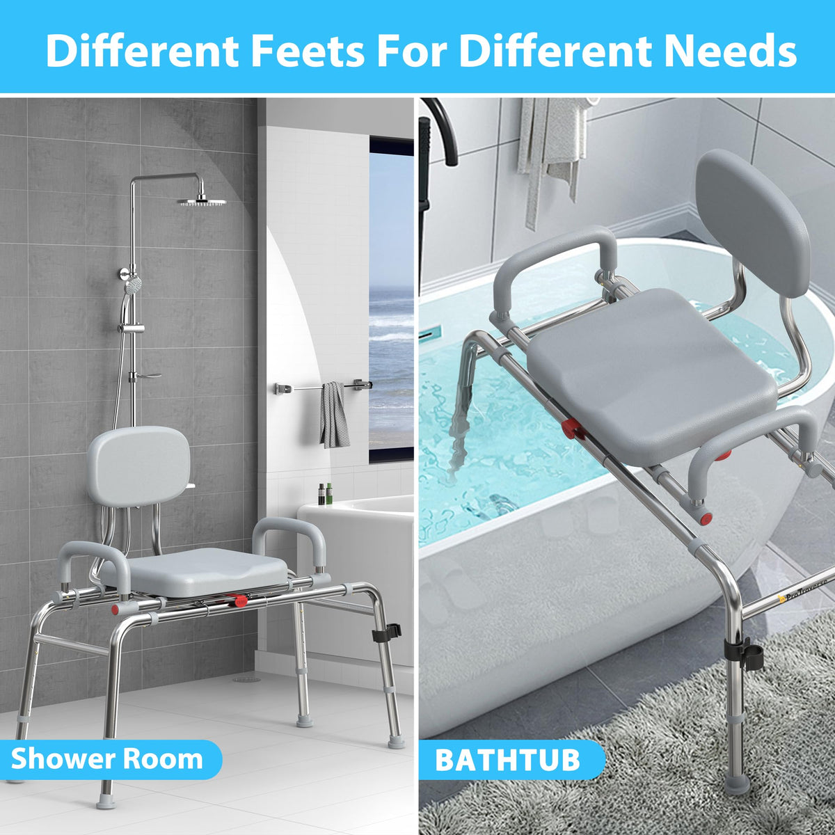 Sliding Shower Chair Tub Transfer Bench with Swivel Seat, 450lbs, Adjustable Height, Gray U583