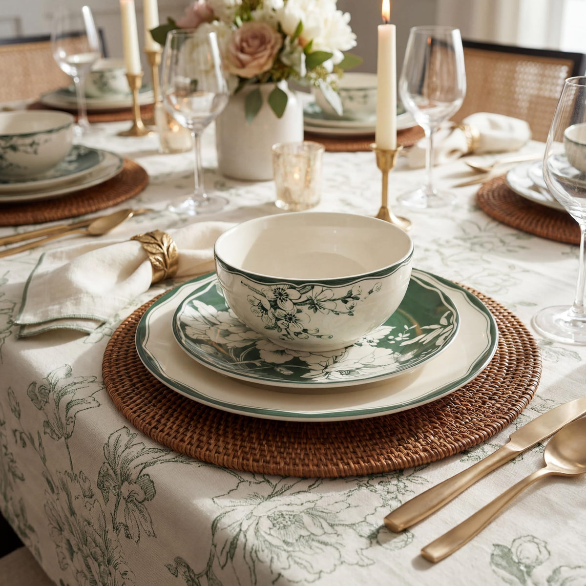 12-Piece Porcelain Dinnerware Set for 4, White & Sage Green Plates and Bowls Set C492