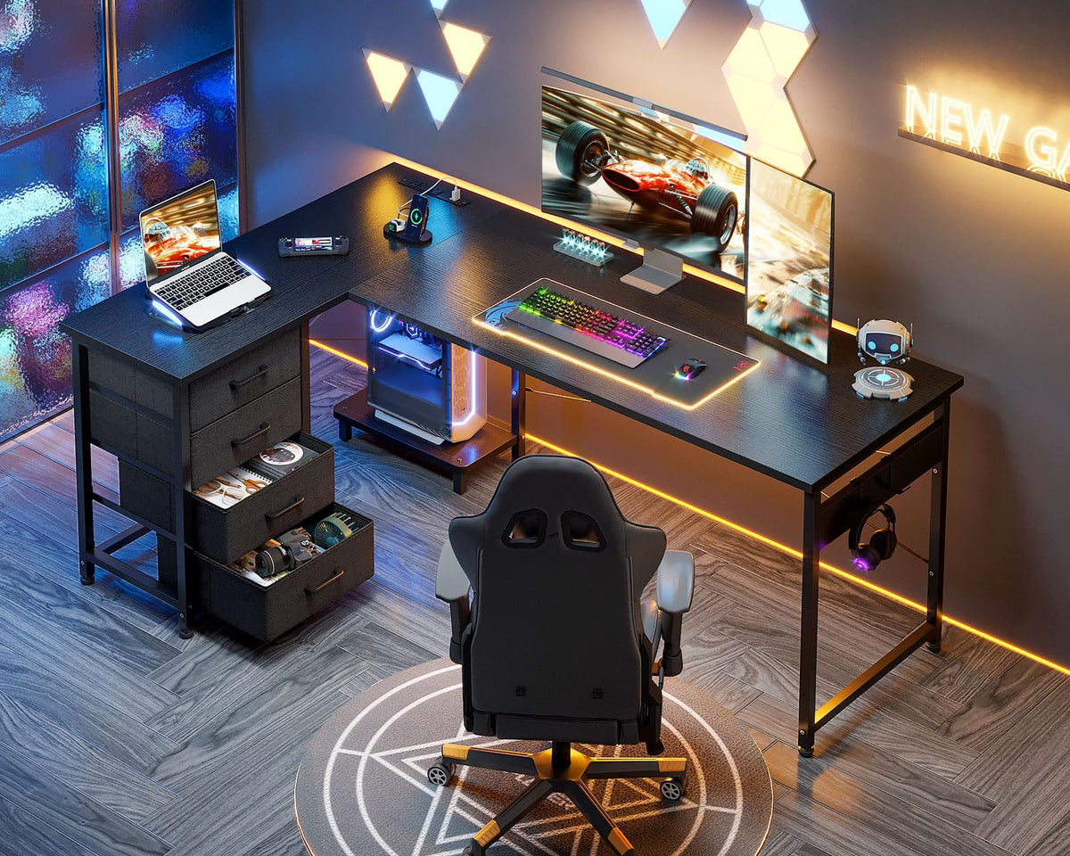 61" L Shaped Gaming Desk with 4 Drawers and Power Outlets, Black M211342