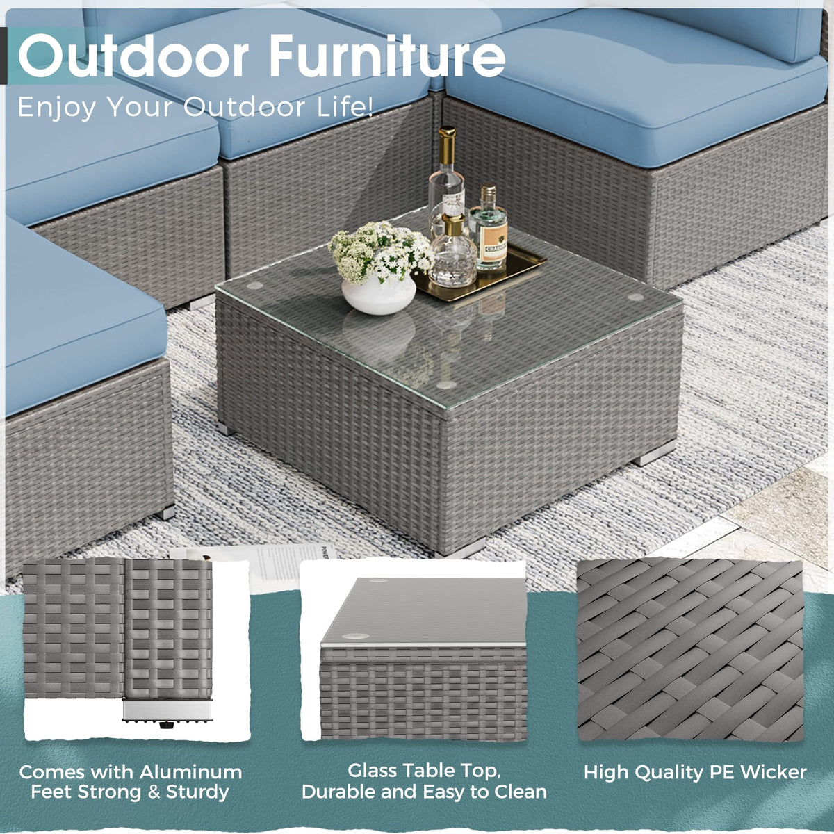 7 Piece Grey Wicker Rattan Patio Furniture Set with Glass Coffee Table N85144