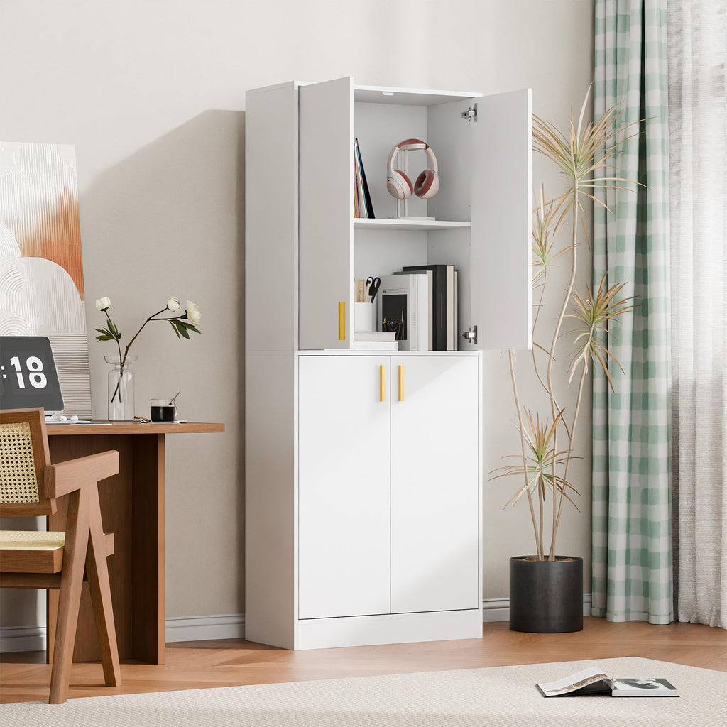 White Wood Storage Cabinet with Doors and Shelves N84732