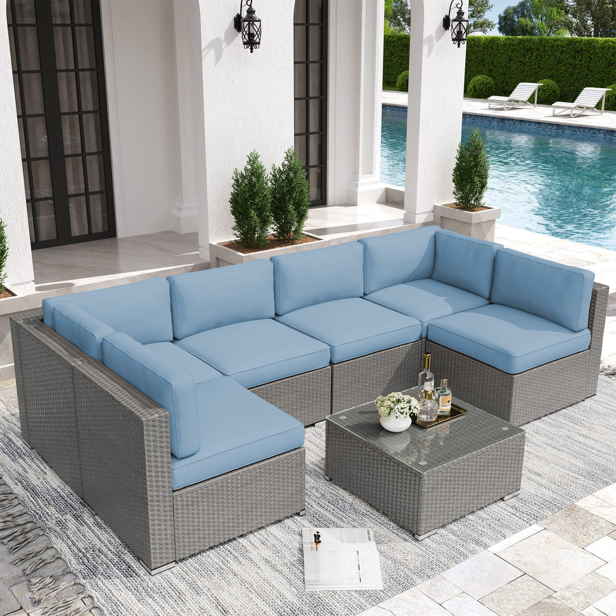 7 Piece Grey Wicker Rattan Patio Furniture Set with Glass Coffee Table N85144