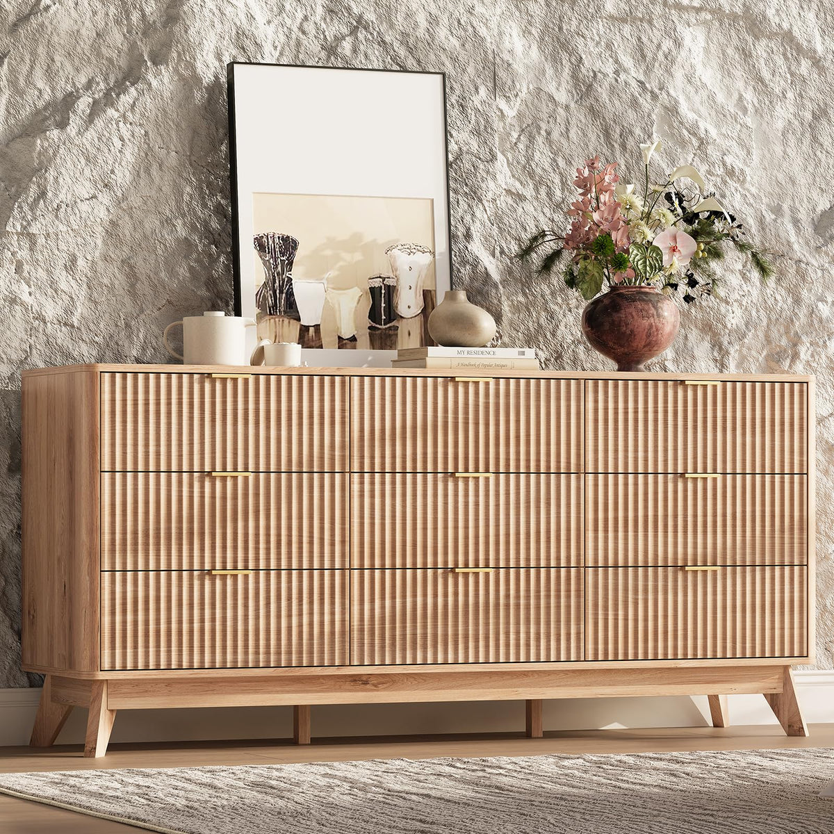 63" Wide Fluted 9 Drawers Oak Dresser S102