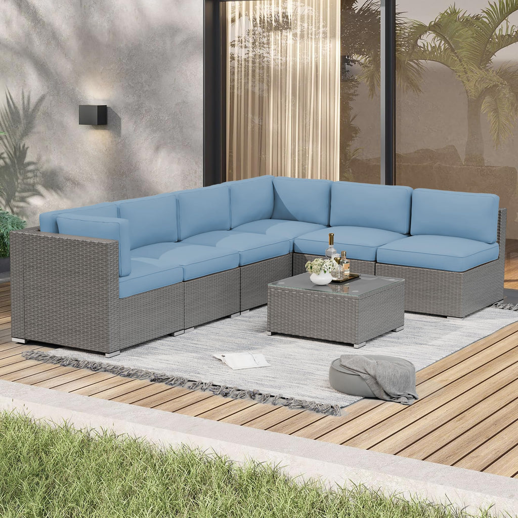 7 Piece Grey Wicker Rattan Patio Furniture Set with Glass Coffee Table N85144