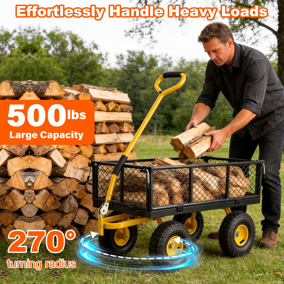 Heavy Duty Steel Garden Cart with Handle & 10" All Terrain Tires K40167