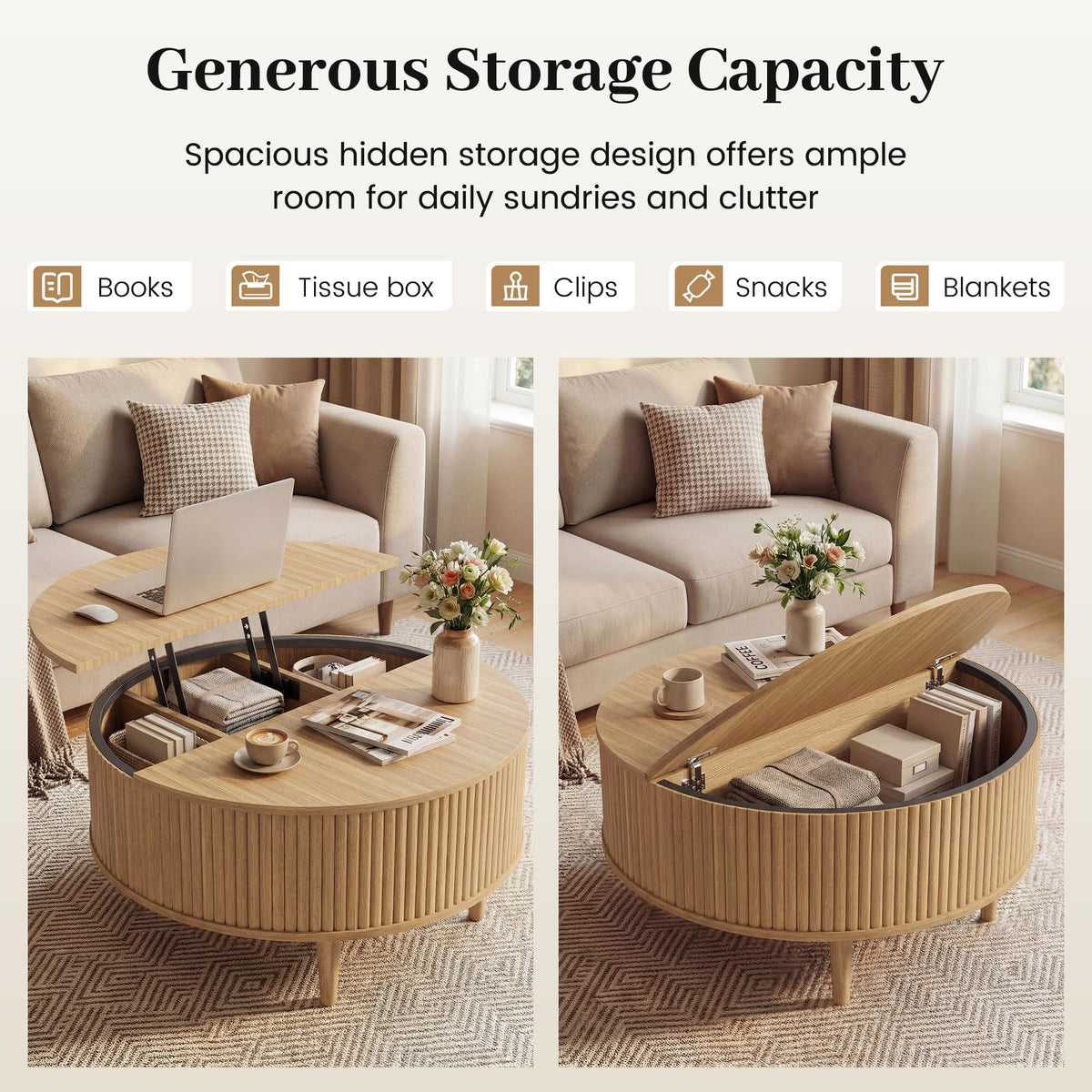 31.5" Round Lifting Top Coffee Table with Storage H188