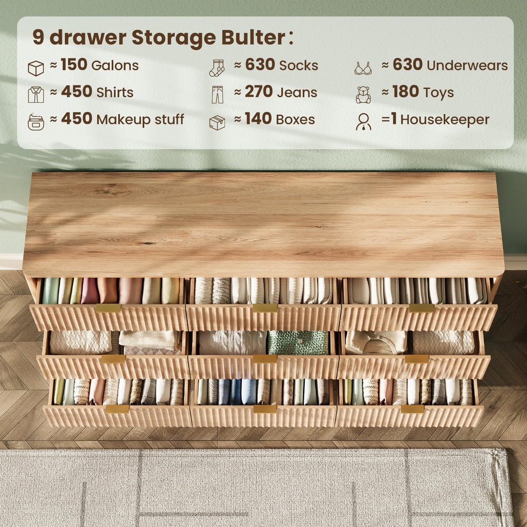 63" Wide Fluted 9 Drawers Oak Dresser S102