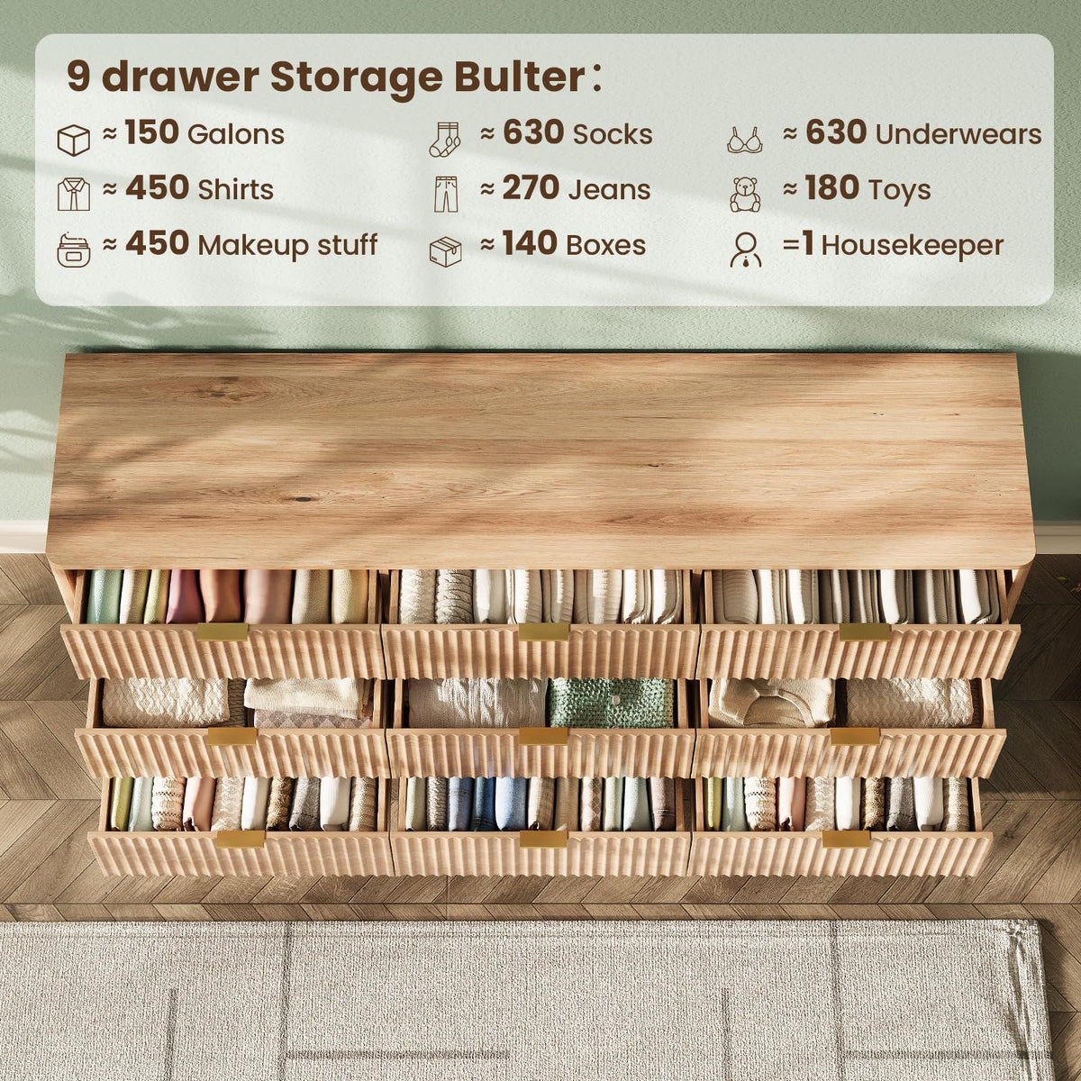63" Wide Fluted 9 Drawers Oak Dresser S102
