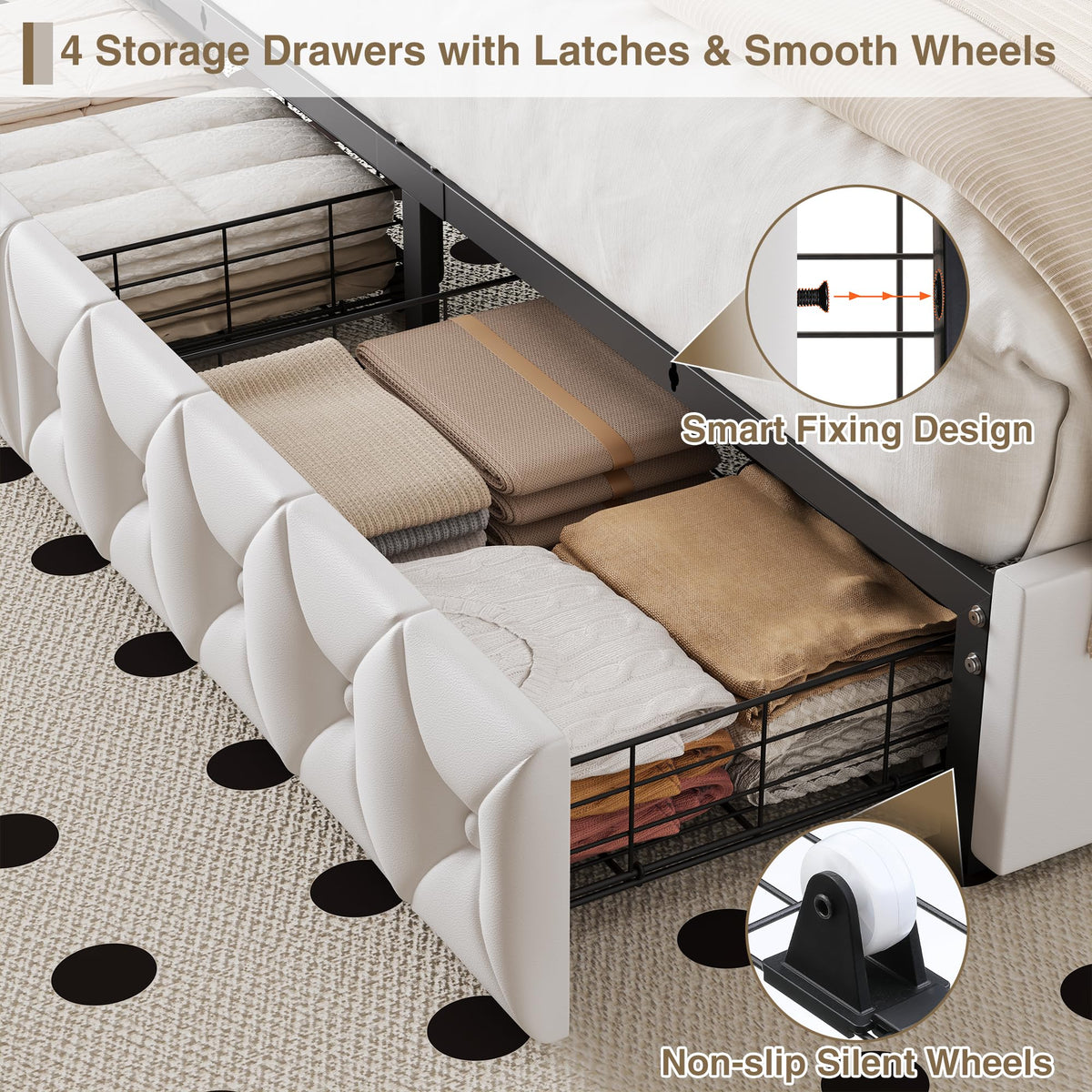 White Full Size LED Bed Frame with 4 Storage Drawers and Adjustable Headboard O505506